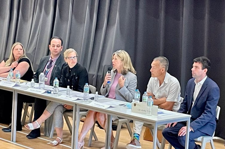 NHS question and answer session at Whitehill Town Council executive committee meeting at Oakmoor School on June 21st 2022. From left: Lisa Medway, Dr Zaid Hirmiz, Heather Mitchell, Sara Tiller, Dr Anthony Leung and Cllr Andy Tree.