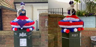 Knitted coronation postbox toppers appear overnight in Haslemere