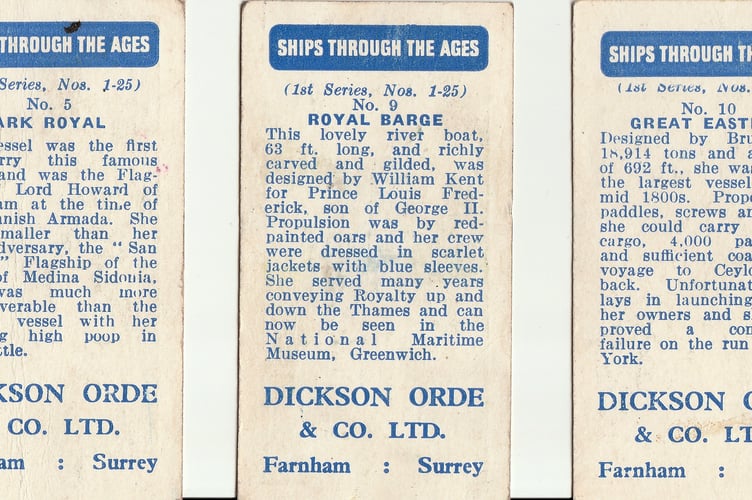 The rear of three 'Ships Through The Ages' cards included in packs of Dickson Orde & Co's sweet cigarettes, made in Farnham