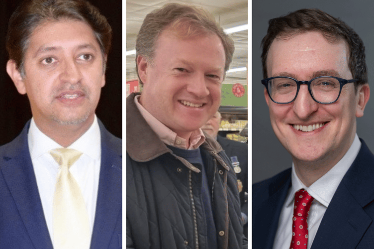 The Farnham and Bordon candidates to declare so far, left to right: Khalil Yousuf (Lib Dem), Greg Stafford (Conservative), Alex Just (Labour)