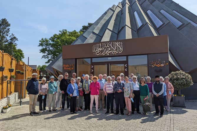 The Haslemere U3A local history group outside the Mubarak Mosque in Tilford, May 2024.