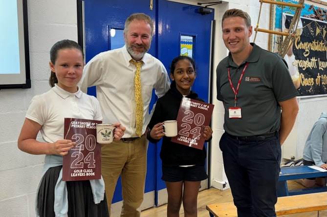 Grayshott School leavers & Headteacher Richard Austin with Toby Hutchins