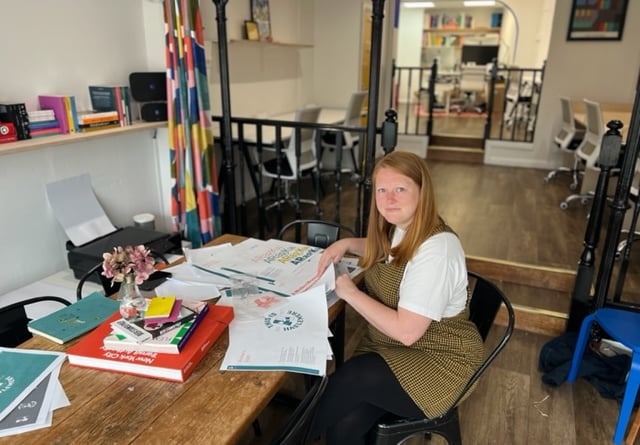 Emma Stokes at her newly opened Studio Simple office in Haslemere, designing the new logo for This is Haslemere