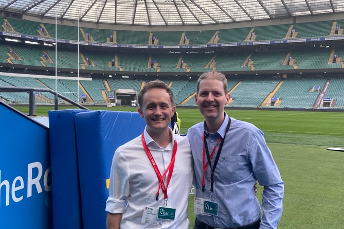 EarLab founders David Walker and Tim Galvin on Twickenham pitch