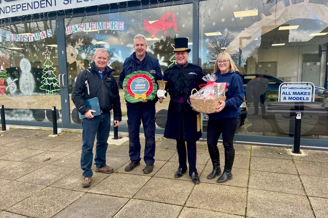 RT Mechanics – Russell Thompson (owner) and Tara Woods with Rev. Chris Bessant and Town Crier, Christian Ashdown