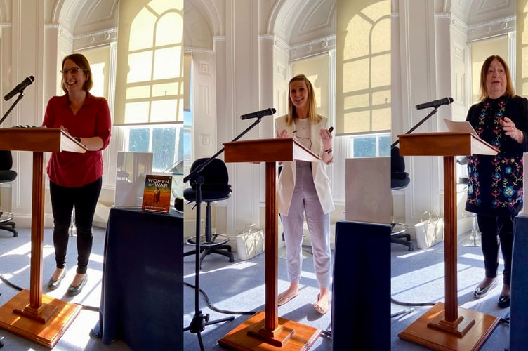 Left to right: Louise Morrish, Dr Dr Nicola Tallis, and Alison Weir. Discussing their work at 2025 Farnham Literary Festival's History Day at Waverley Abbey House.